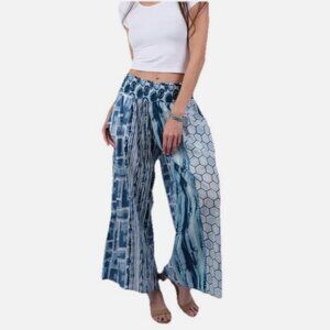 SACRED THREADS patch hippie cotton wide leg smocked waist PANTS XL